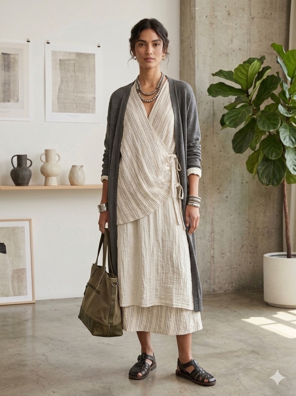 Zara Rustic Textured Lagenlook Minimalist Boho Striped Wrap Shirt Small